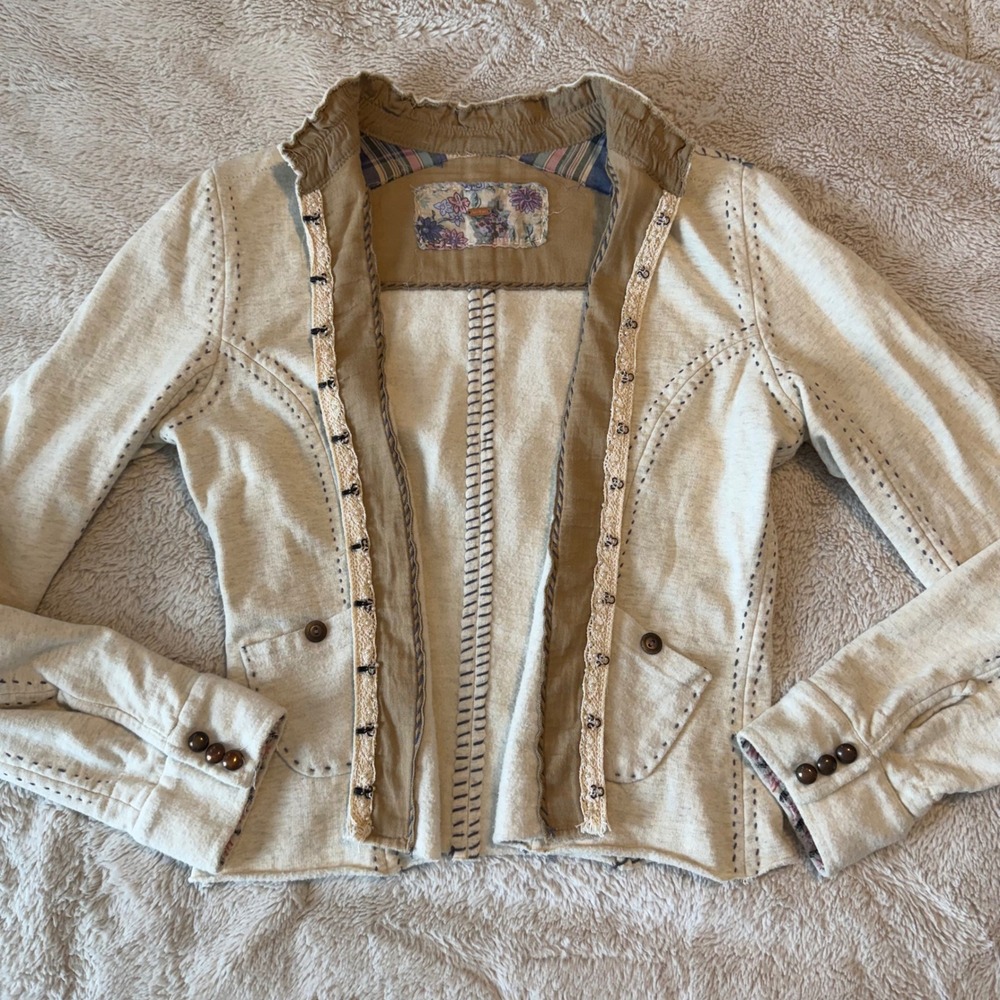 Free People Cream Boho Jacket Hook Eye Floral Patchwork Cotton M